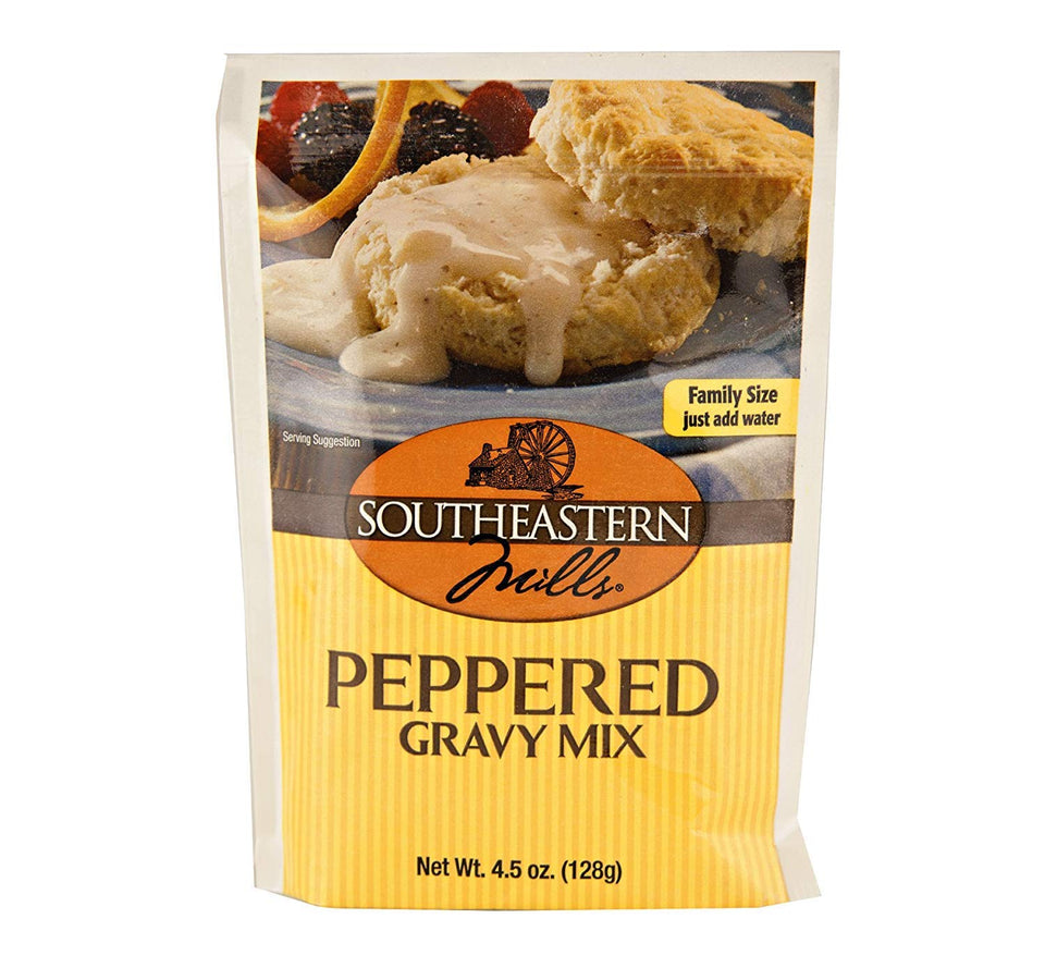 Southeastern Mills Old-Fashioned Peppered Gravy Mix four-pack for quick gravies.