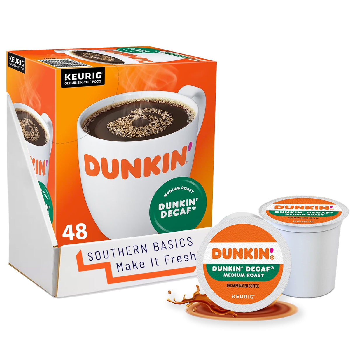 SOUTHERN BASICS Dunkin Donuts Decaf Original K-Cups packaging for convenient single-serve brewing.