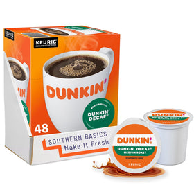 SOUTHERN BASICS Dunkin Donuts Decaf Original K-Cups packaging for convenient single-serve brewing.