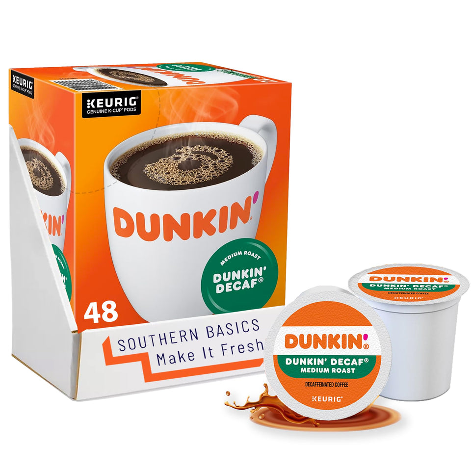 SOUTHERN BASICS Dunkin Donuts Decaf Original K-Cups packaging for convenient single-serve brewing.
