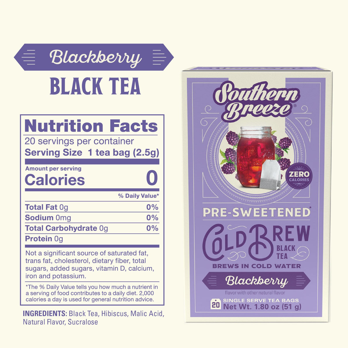 Southern Breeze 20 tea bags box for quick, sugar-free cold brew.