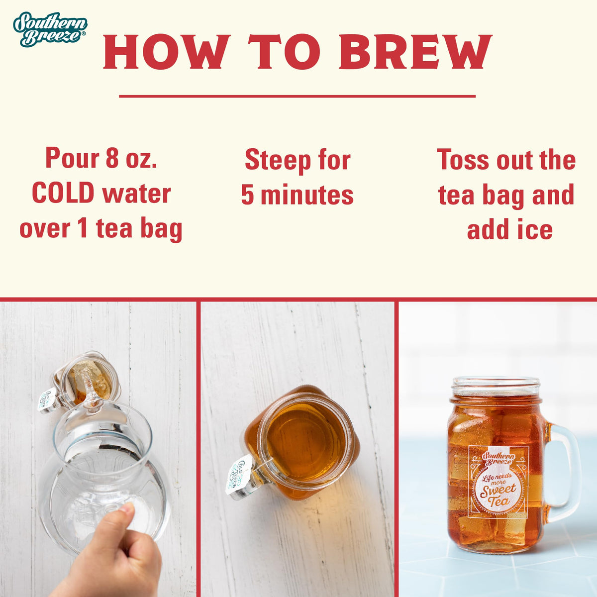Southern Breeze tea bags steeping for bold black tea in a quick five-minute brew