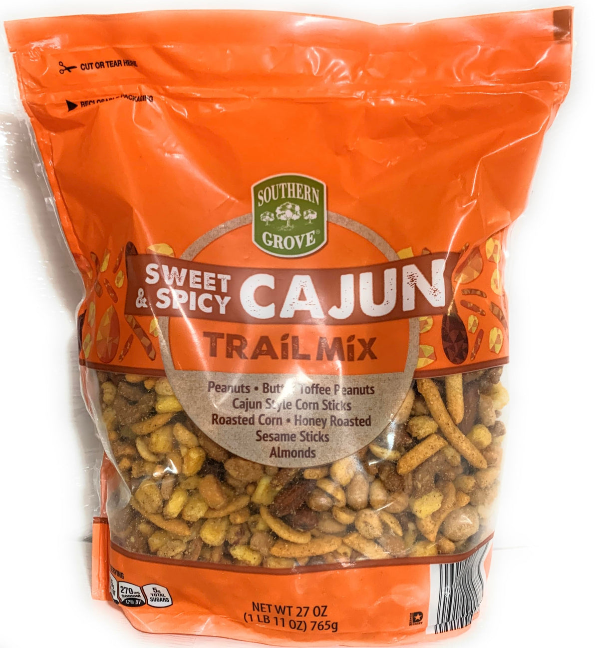 Southern Grove Sweet & Spicy Cajun Trail Mix pack shot for easy on the go snacking.