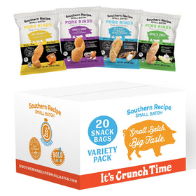 Southern Recipe Pork Rinds Hot Honey bag shows bold, crispy snacking anytime
