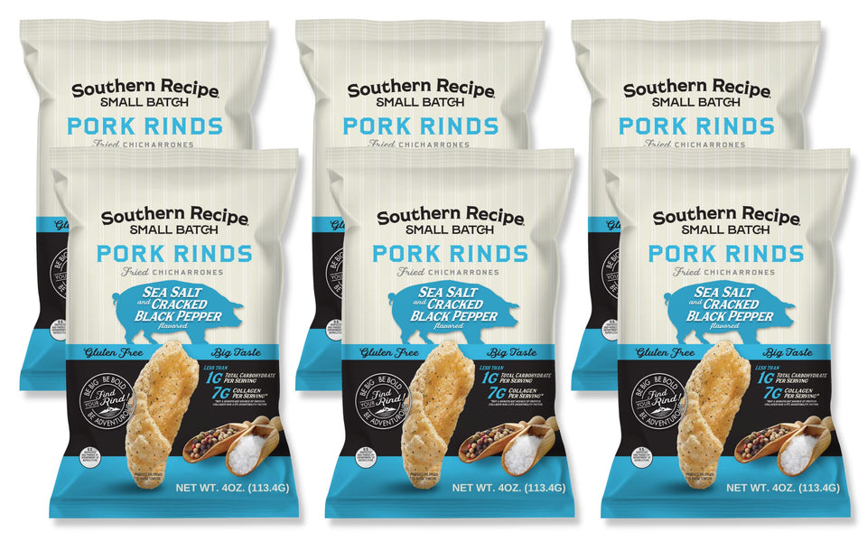 Southern Recipe pork rinds sea salt and cracked black pepper close-up crunch