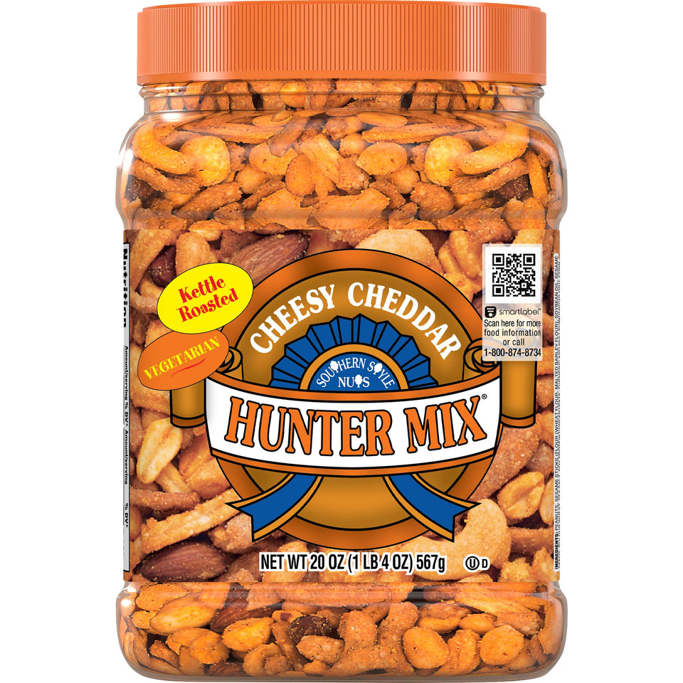 Southern Style Nuts Cheesy Cheddar Hunter Mix canister for easy sharing and on the go.