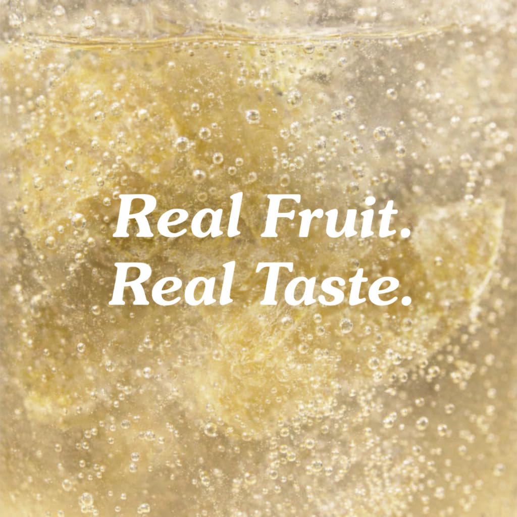 Ingredient list highlights real fruit flavors and clean carbonation.