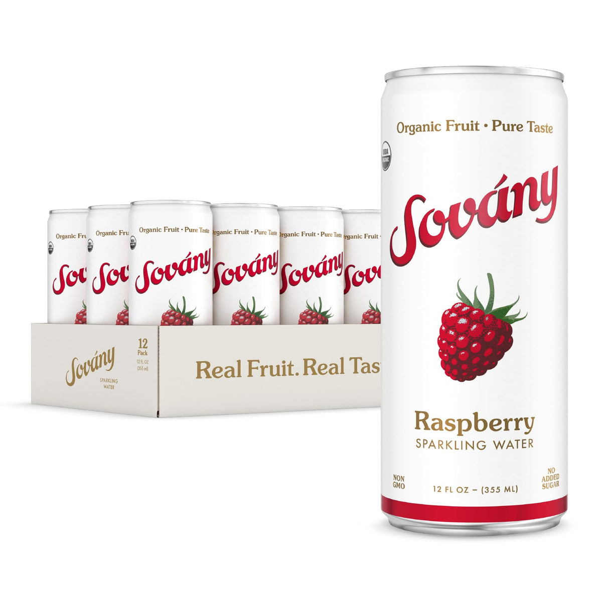 Sovany Raspberry Sparkling Water can in pack highlights real fruit flavor