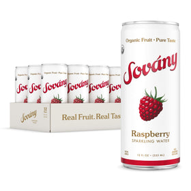 Sovany Raspberry Sparkling Water can in pack highlights real fruit flavor