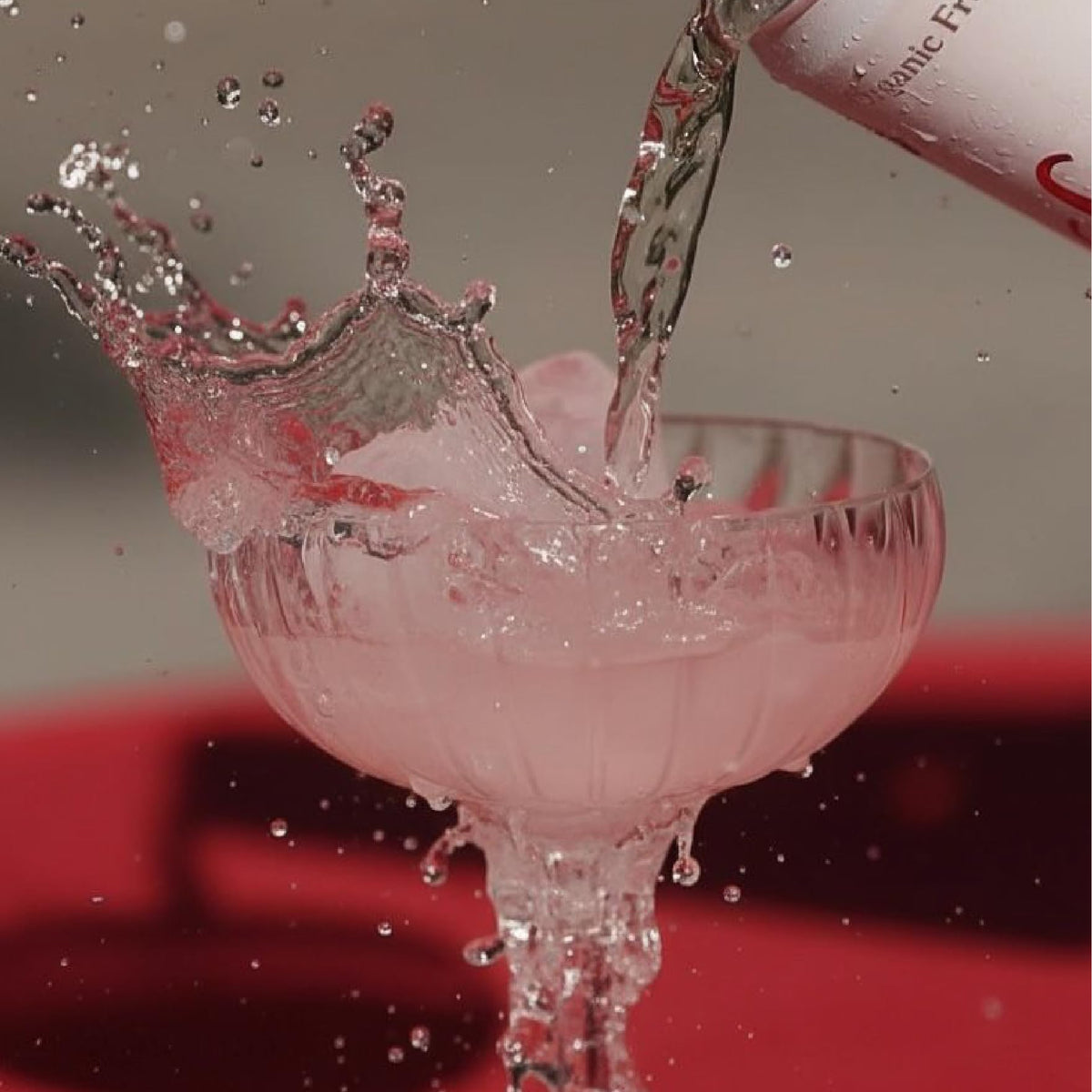 Sovany Raspberry Sparkling Water close-up nutrition label emphasizing real fruit juice