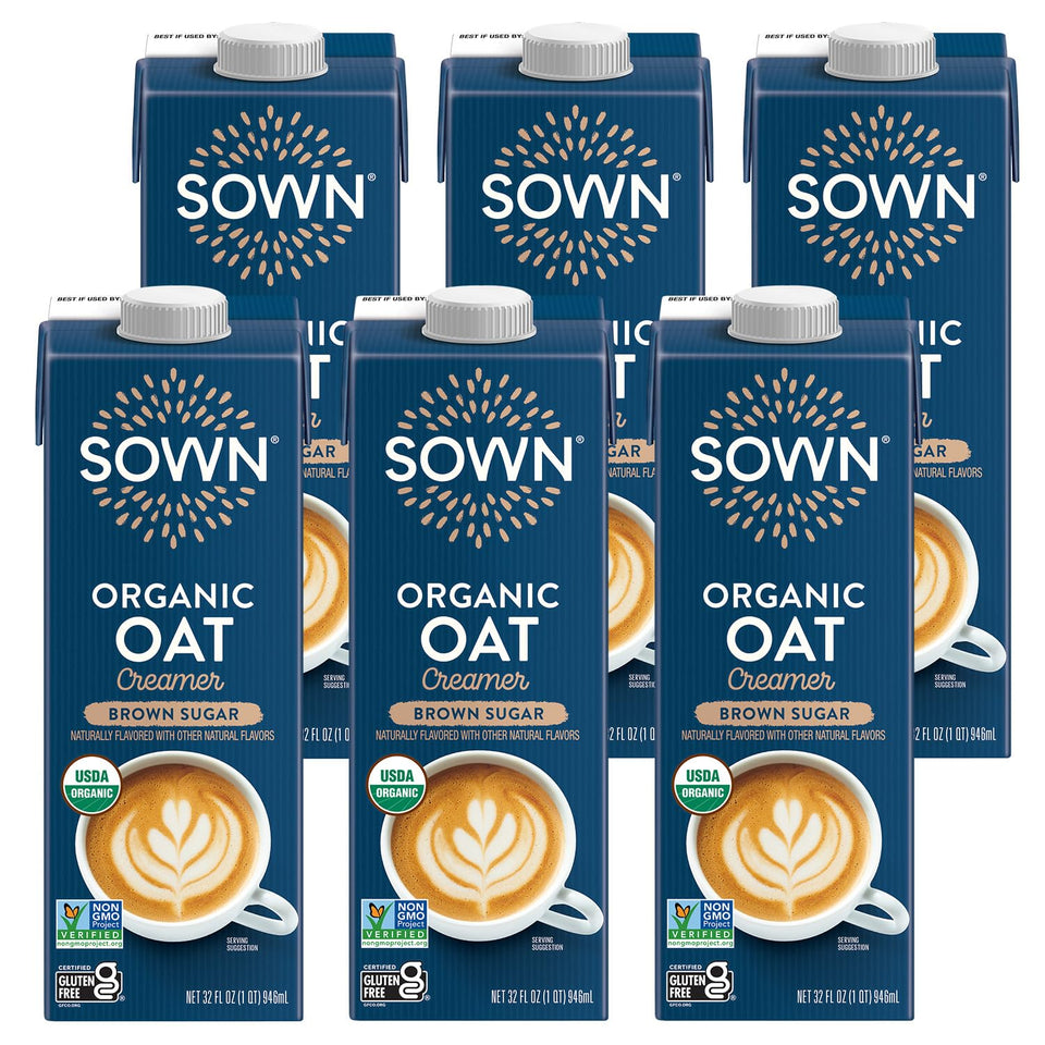 SOWN Brown Sugar Organic Oat Creamer jar adds creamy sweetness to coffee.