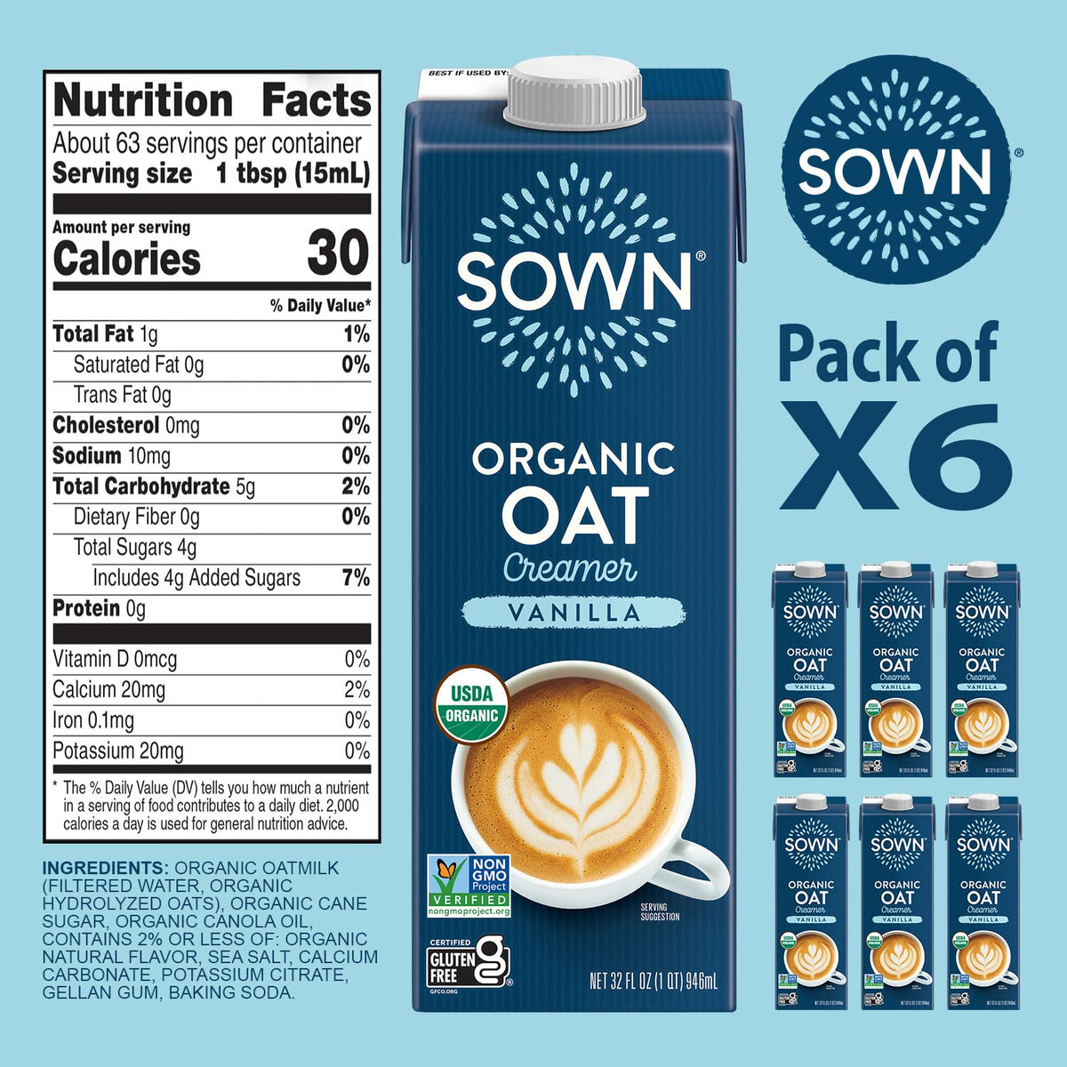 SOWN Gluten-free Vanilla Creamer 32oz bottle supports busy mornings