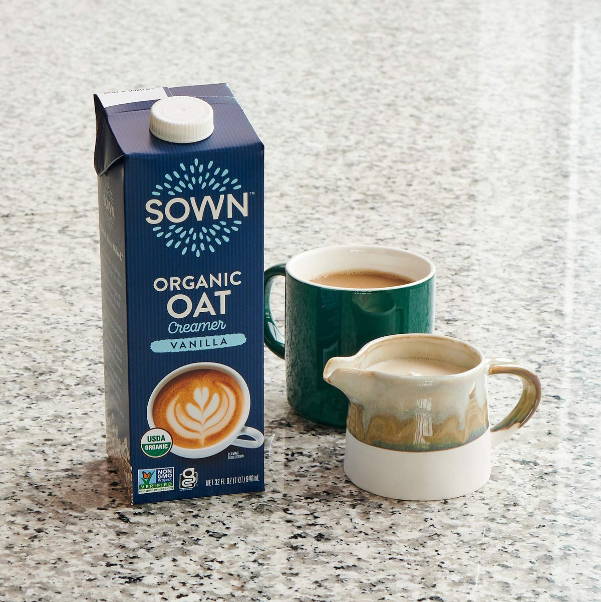 SOWN Non-dairy Vanilla Creamer in a glass shows dairy-free crema