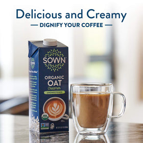 Ingredients panel highlights organic oats and dairy-free formula