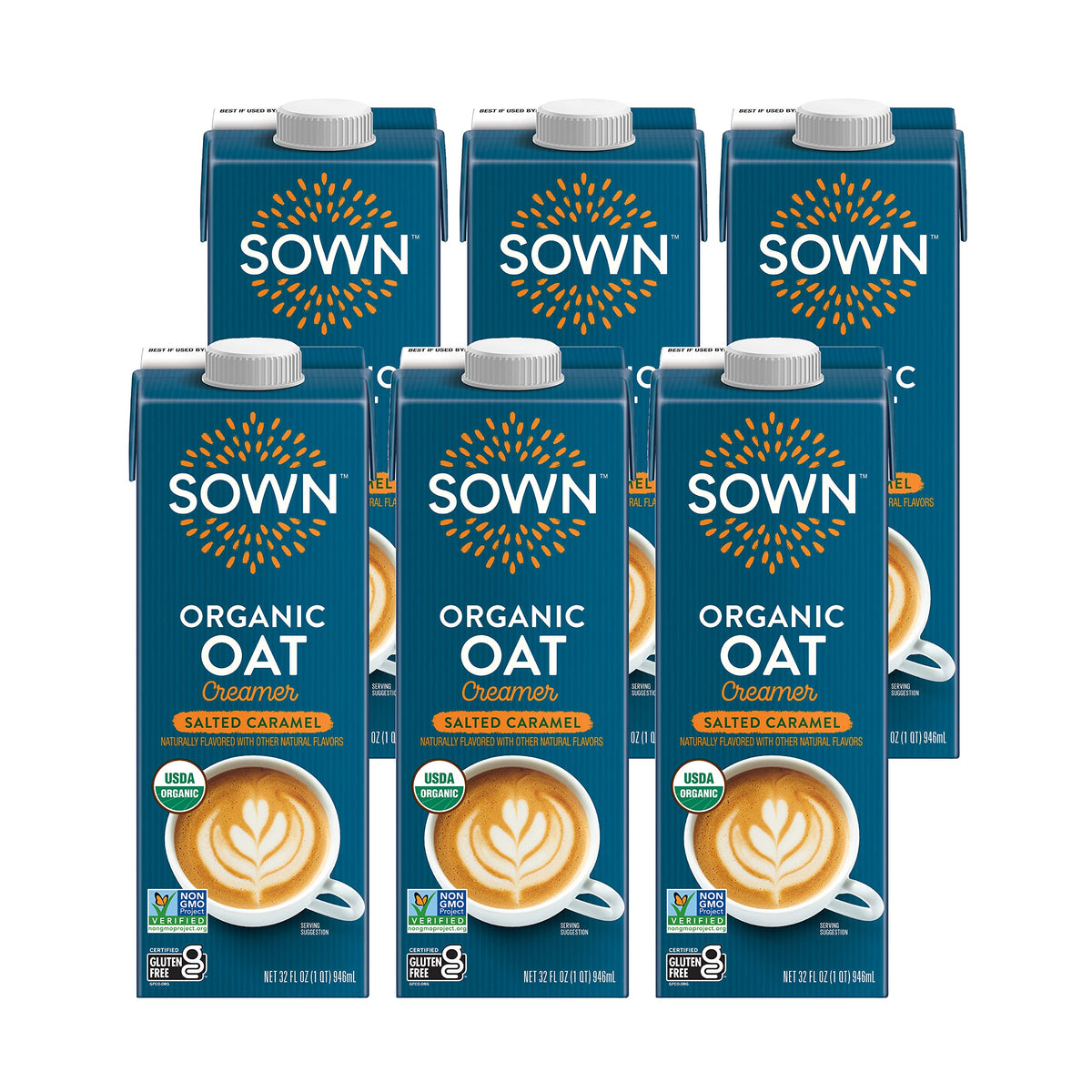 SOWN Salted Caramel Oat Creamer poured into coffee for dairy-free creaminess