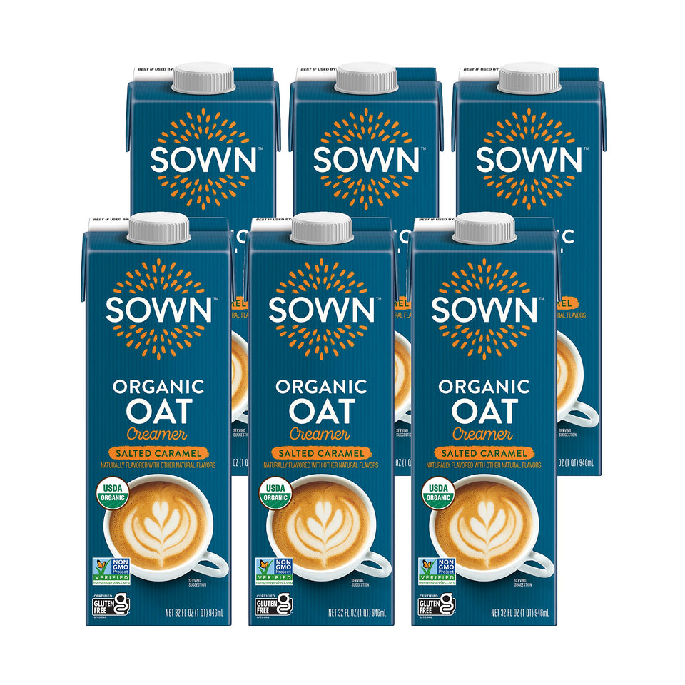 SOWN Salted Caramel Oat Creamer poured into coffee for dairy-free creaminess