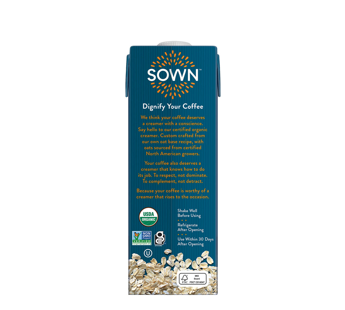 SOWN Oat Creamer bottle on a pantry shelf emphasizing shelf-stable convenience