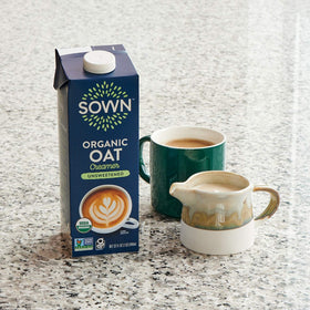 Shelf-stable bottle of SOWN oat creamer ready for pantry storage