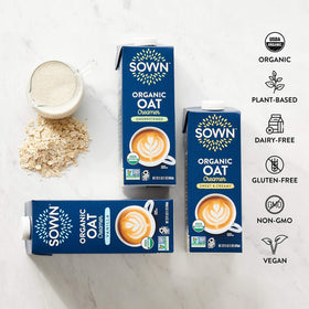 SOWN Organic Oat Creamer on a shelf-stable display, ideal for on-the-go coffee