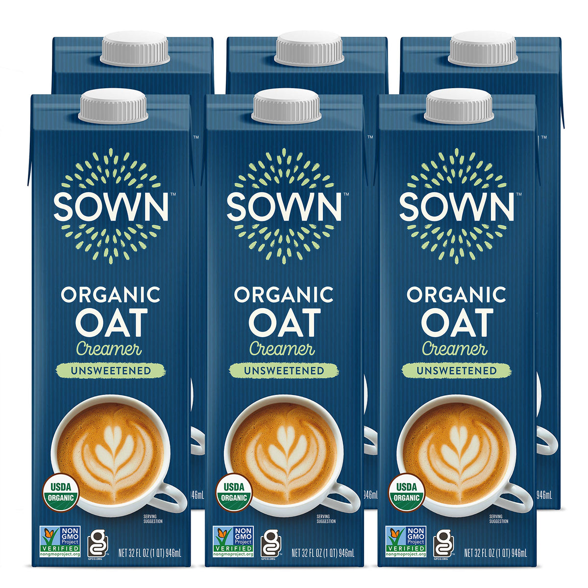 SOWN Organic Oat Creamer unsweetened six-pack front view showing the dairy-free option
