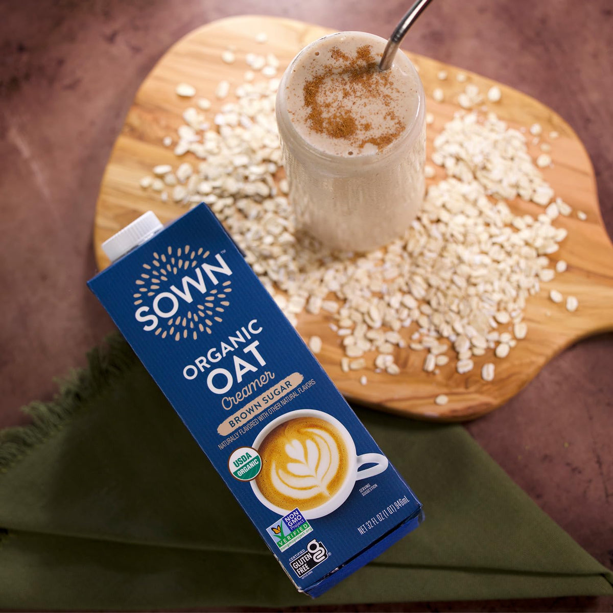 SOWN Rolled oats closeup highlights natural sourcing behind the creamer.