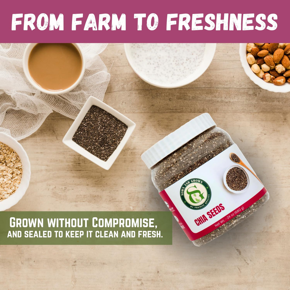 SownandGrown airtight BPA-free jar emphasizes moisture protection and freshness.