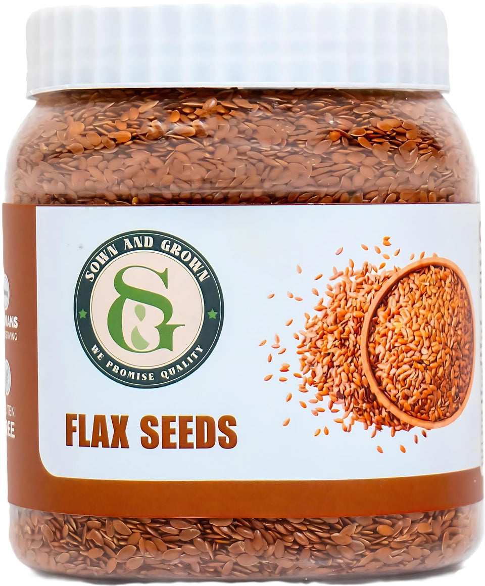 Sown and Grown flax seeds in a jar showing premium packaging and freshness