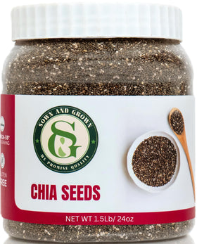 SownandGrown chia seeds jar closeup highlighting omega-3 rich nutrition for smoothies.