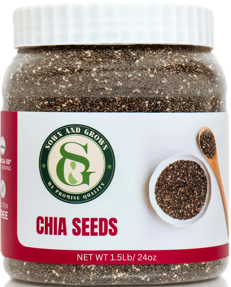 SownandGrown chia seeds jar closeup highlighting omega-3 rich nutrition for smoothies.