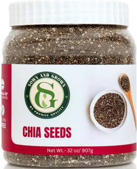 Sown and Grown chia seeds jar front promotes easy storage and freshness.