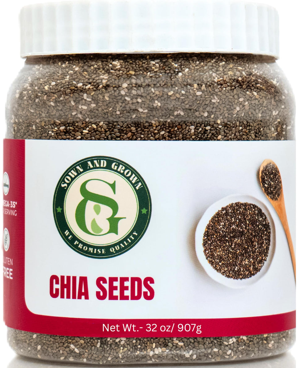 Sown and Grown chia seeds jar front promotes easy storage and freshness.
