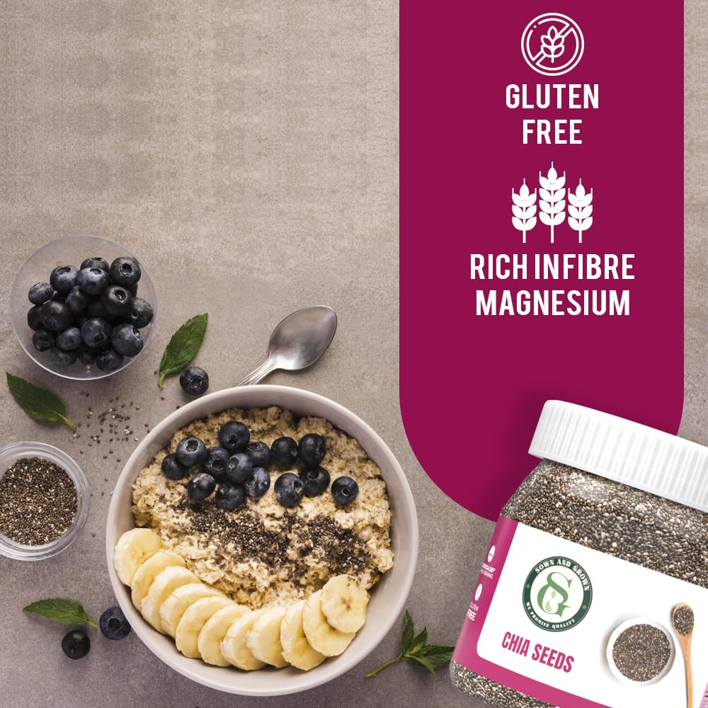 Sown and Grown chia seeds; keto-friendly fiber boost.