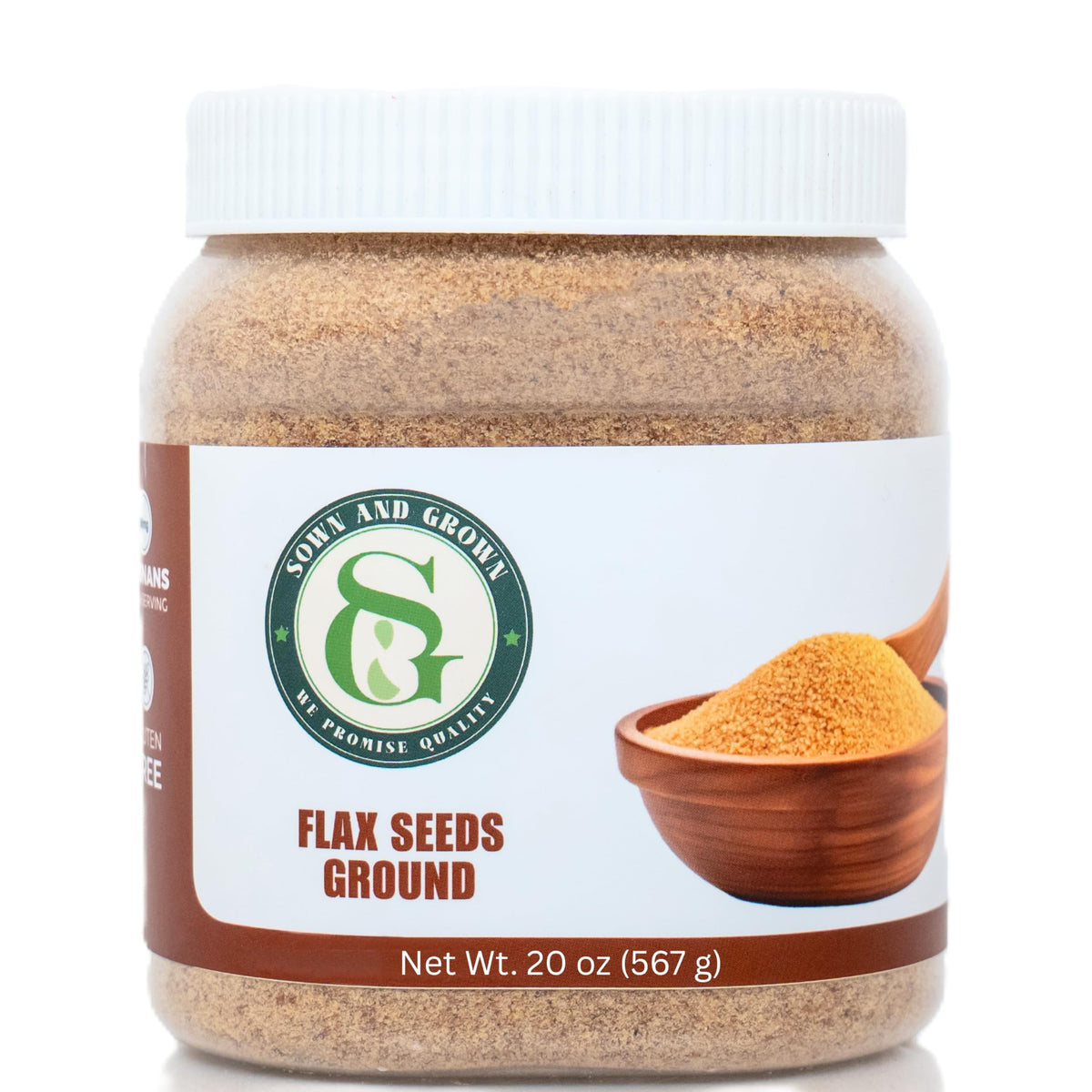 Sownandgrown ground flaxseed 20oz jar shows golden hue, ideal for smoothies.