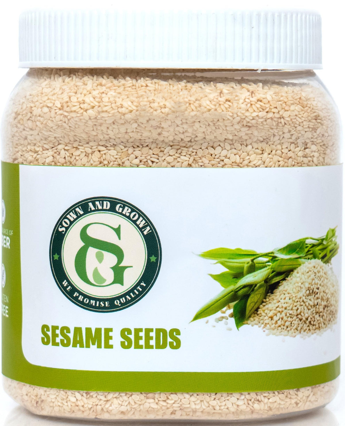 Sown and Grown white sesame seeds in a jar for pantry freshness and added crunch