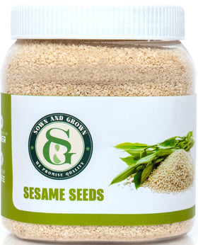 Sown and Grown white sesame seeds in a jar for pantry freshness and added crunch