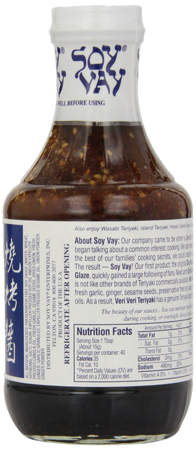 Soy Vay Veri Veri Teriyaki Marinade ingredients reveal natural, vegetarian, preservative-free profile.