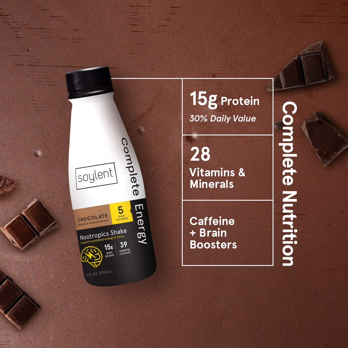 Soylent Complete Energy ready-to-drink bottles for quick brain-boosting fueling.