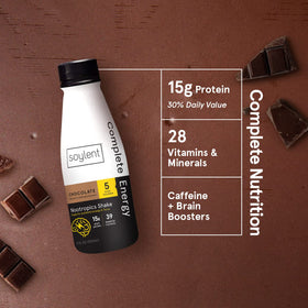 Soylent Complete Energy ready-to-drink bottles for quick brain-boosting fueling.