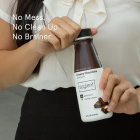 Soylent Creamy Chocolate bottle lifestyle shot conveys balanced meal replacement whenever you need.