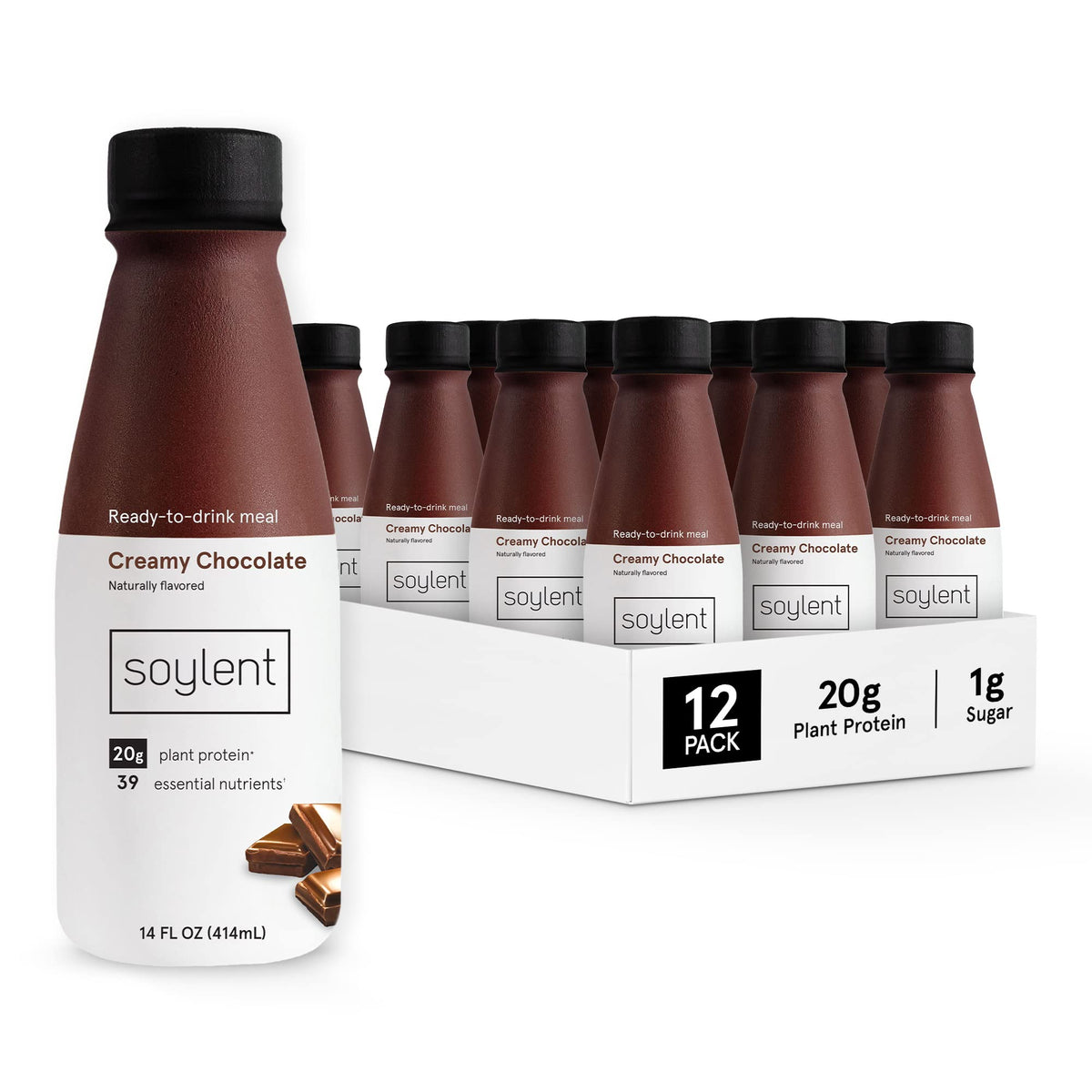 Soylent Creamy Chocolate bottle pour demonstrates convenient ready-to-drink nutrition for busy days.