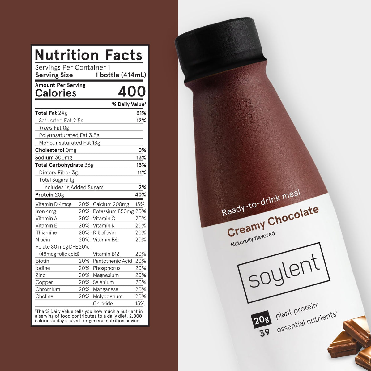 Soylent Creamy Chocolate foam close-up suggests creamy texture and satisfying sip.