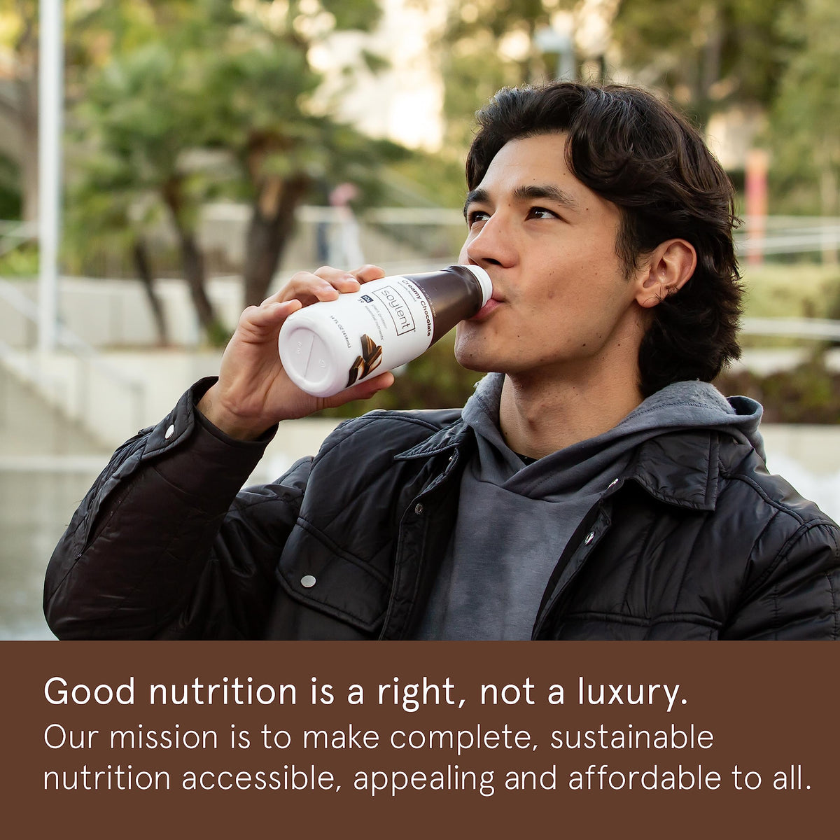 Soylent Creamy Chocolate nutrition label closeup shows 20g protein per serving.