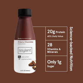 Soylent Creamy Chocolate ready-to-drink glass highlights on-the-go meals with complete vegan protein.