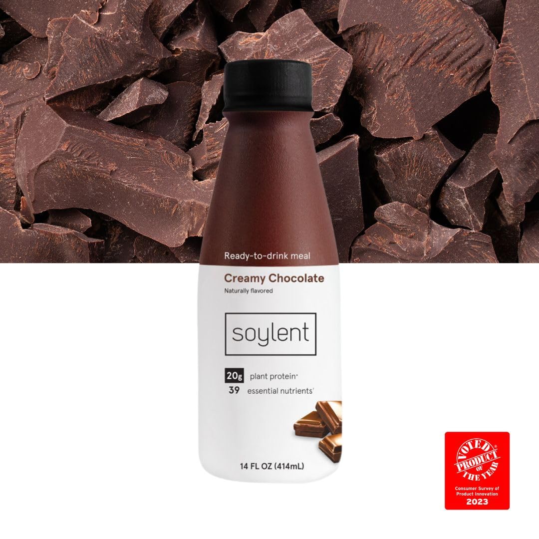 Soylent Creamy Chocolate shelf-stable pack emphasizes easy storage and quick nourishment.