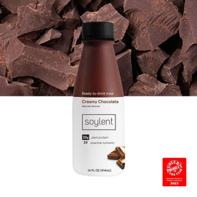 Soylent Creamy Chocolate shelf-stable pack emphasizes easy storage and quick nourishment.