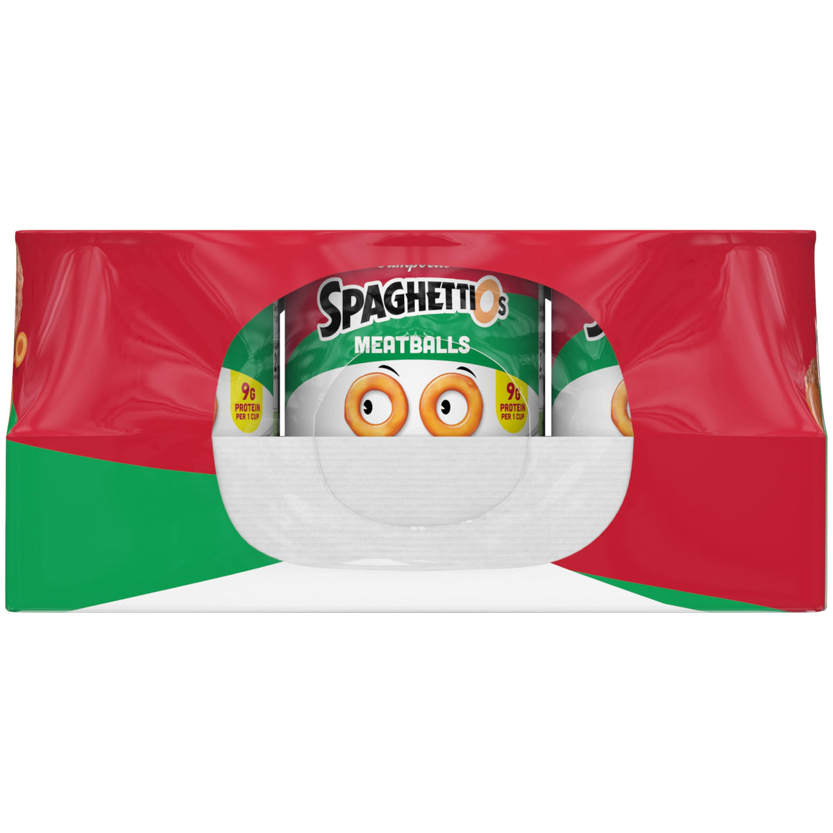 SpaghettiOs Meatballs packaged 12-pack underscores value and easy distribution.