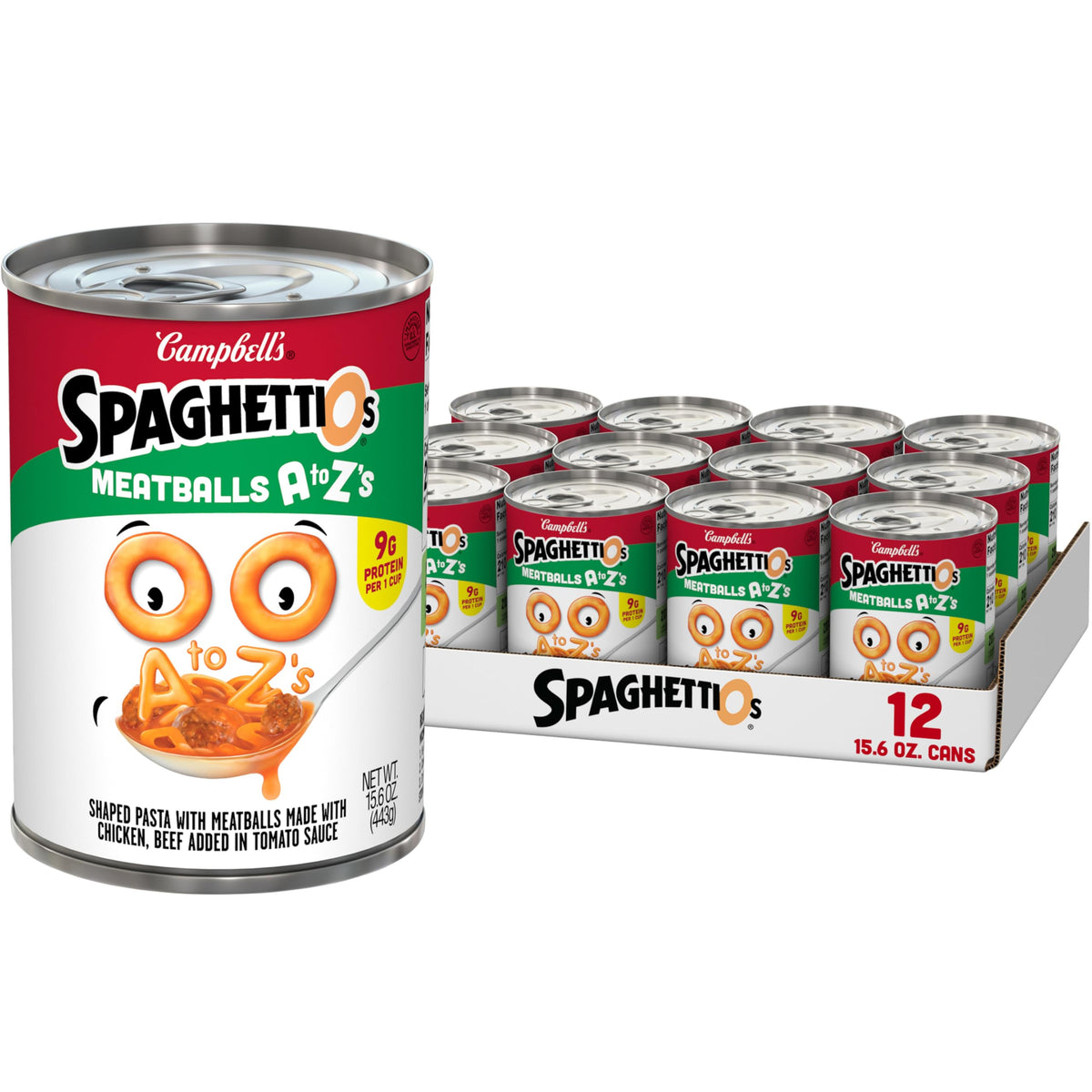 SpaghettiOs A to Z's 12-pack cans for quick family lunches.