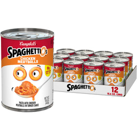 SpaghettiOs chicken meatballs can on table, quick microwavable lunch option.