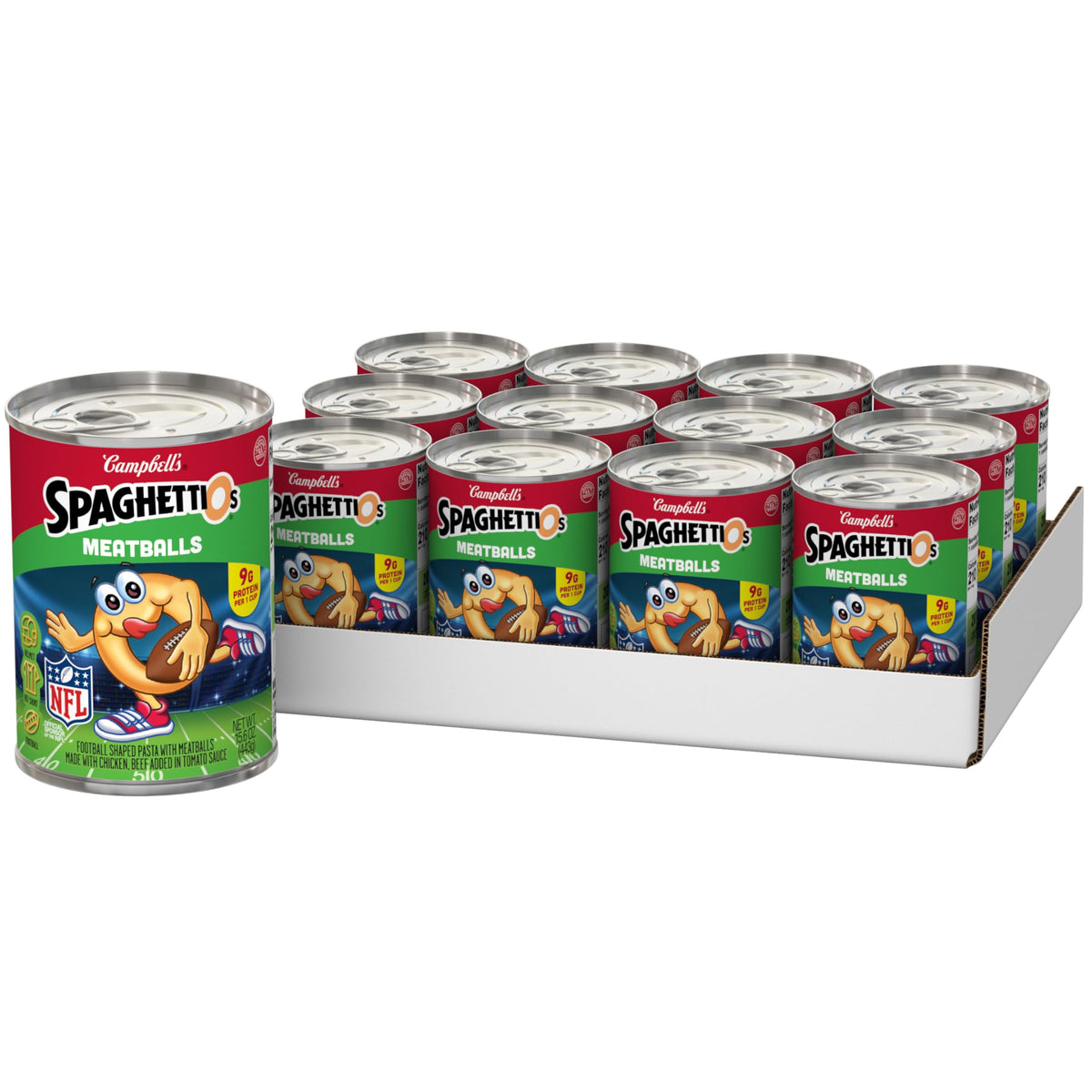 SpaghettiOs football-shaped pasta with meatballs in a 15.6 oz can for quick weeknight meals