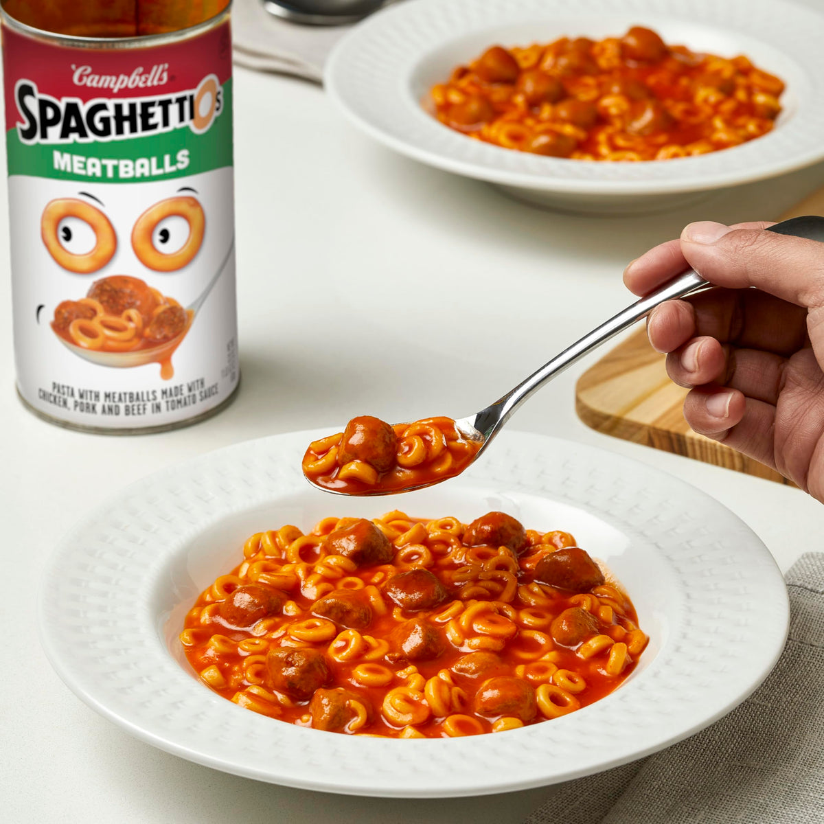 SpaghettiOs o-shaped pasta image highlights fun shape for kids' meals.